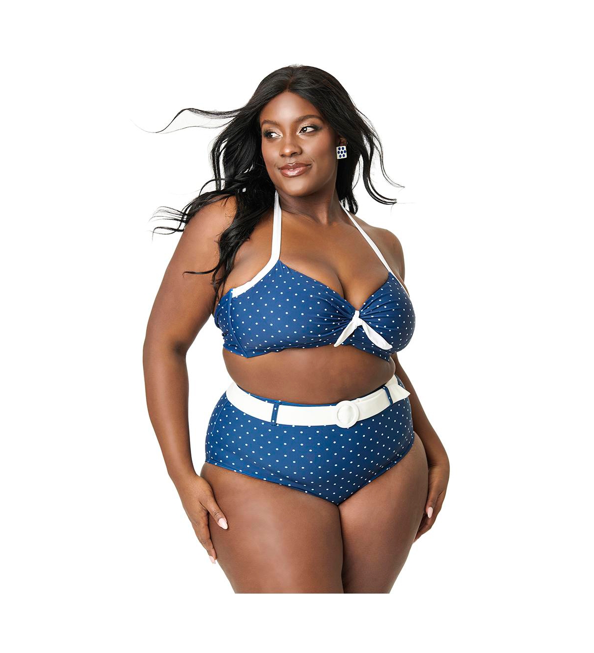 Plus Size Bow Halter Swim Top - Navy  white dots