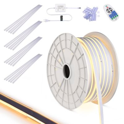 100FT Warm White Neon Rope Lights with 2" Plastic U Channel System 10PCS,Remote Control AC 110V Waterproof Dimmable Cuttable DEL-D1M100W