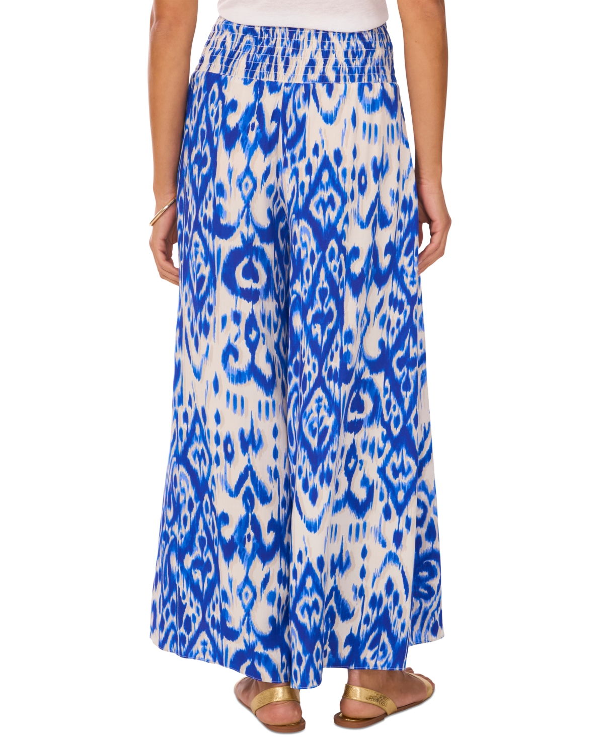 Shop Vince Camuto Women's Ikat-print Smocked-waist Pull-on Wide-leg Pants In Royal Azure