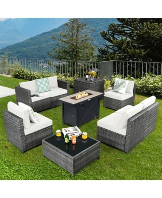 9 PCS Patio Rattan Furniture Set Fire Pit Table Storage Grey W/ Cover