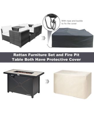 9 PCS Patio Rattan Furniture Set Fire Pit Table Storage Grey W/ Cover