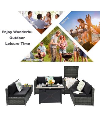 9 PCS Patio Rattan Furniture Set Fire Pit Table Storage Grey W/ Cover