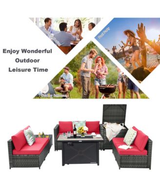 9 PCS Patio Rattan Furniture Set Fire Pit Table Storage Grey W/ Cover