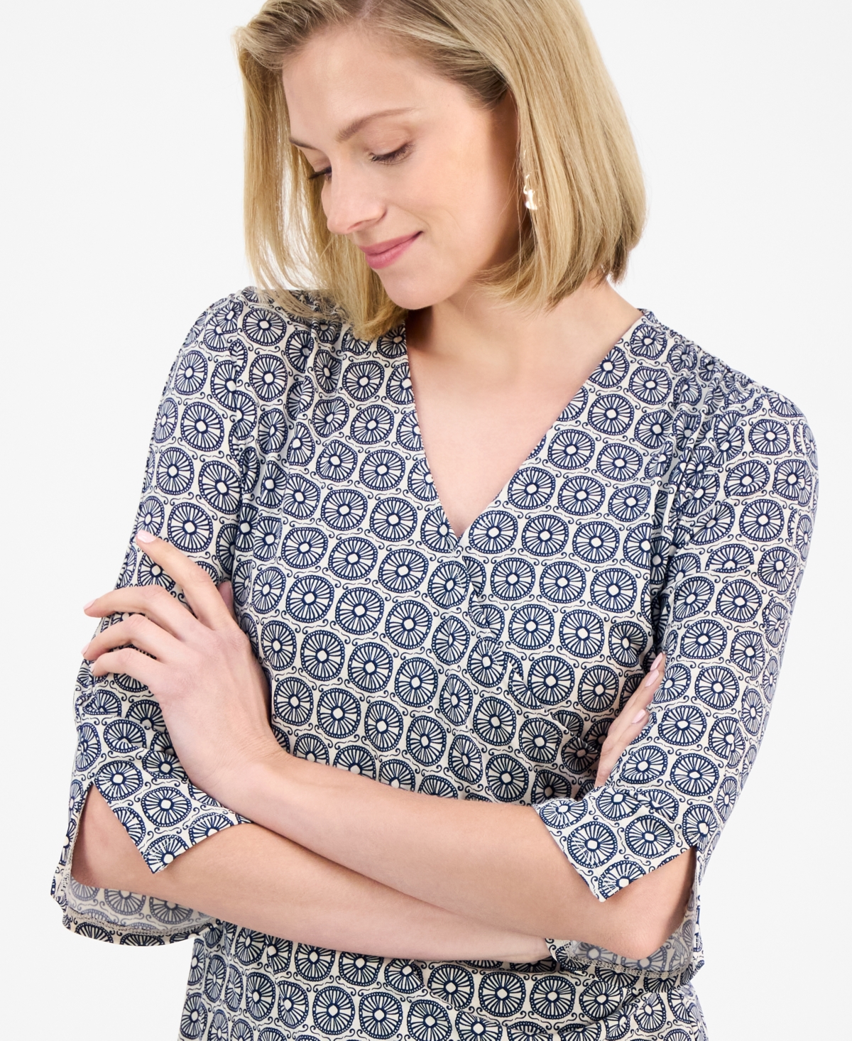 JM COLLECTION WOMEN'S PRINTED FAUX-WRAP TOP, EXCLUSIVELY AT MACY'S 