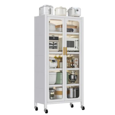 65inch Kitchen Pantry Storage Cabinet 6 Tier Metal Display Cabinet with Transparent Door Adjustable Shelves Wheels White