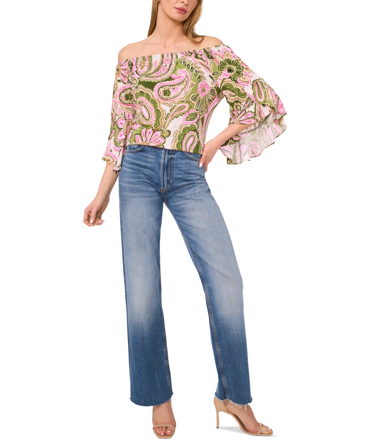 Vince Camuto Off The Shoulder Flutter Sleeve Top In Green Paisley