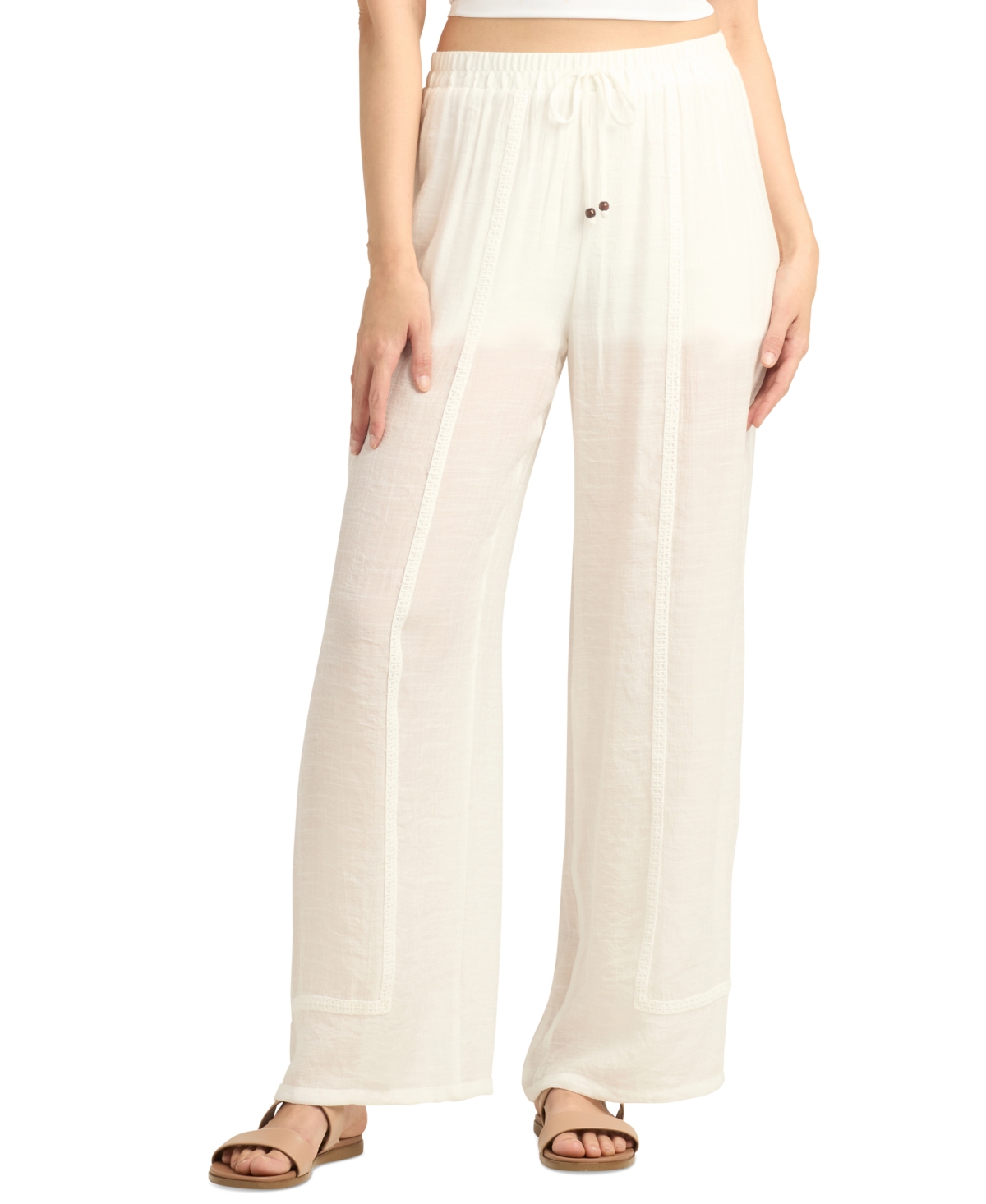 Juniors' Gauzy Textured-Trim Wide-Leg Pants - Off White