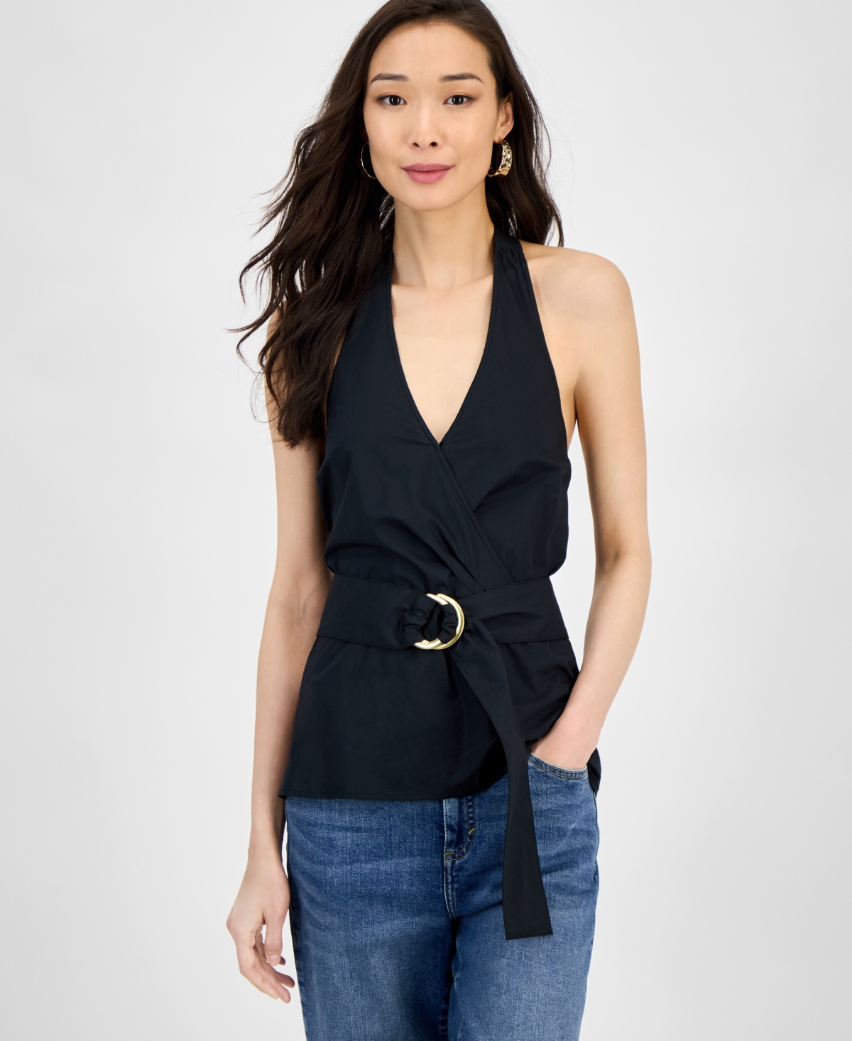 Inc International Concepts Women's Cotton Belted Surplice Top, Exclusively At Macy's