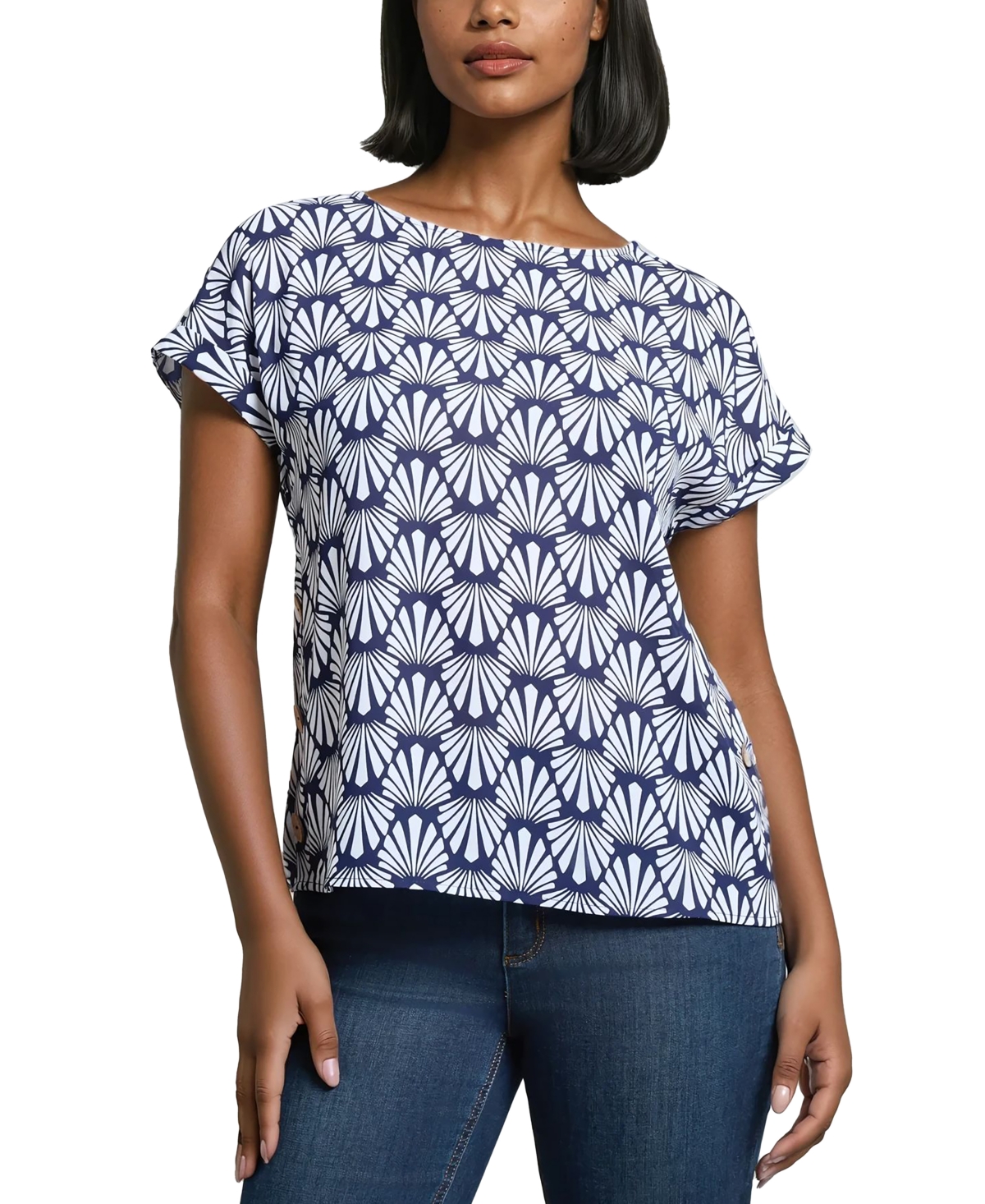 Women's Shell-Print Button-Side Top - Pacific Navy/Nyc White