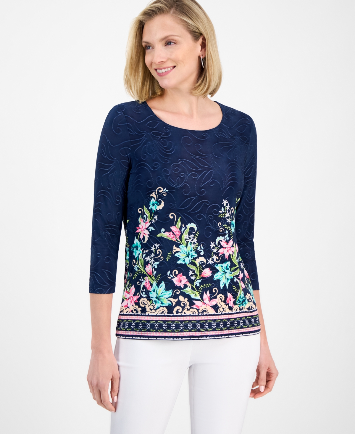 Petite Jacquard 3/4-Sleeve Top, Exclusively at Macy's - Magnolia Combo