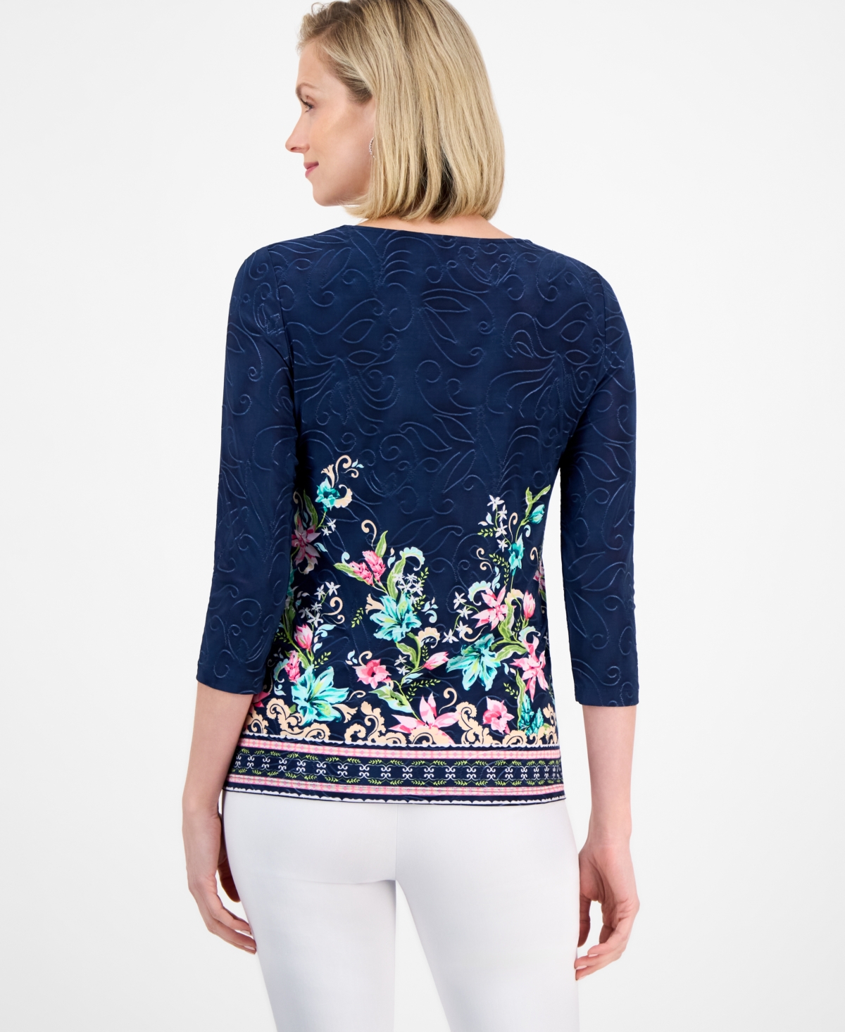 Jm Collection Petite Jacquard 3/4-sleeve Top, Exclusively At Macy's