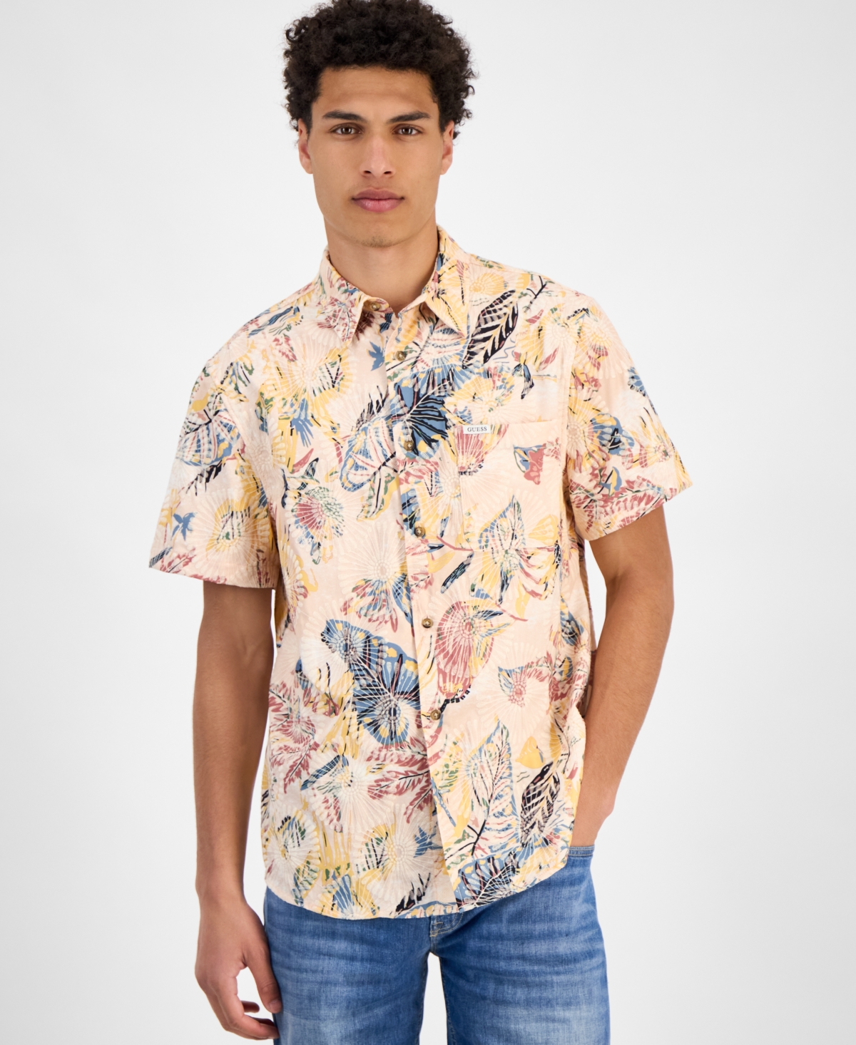 Guess Men's Embro Printed Short-sleeve Button Shirt In Quicksand Tropical Colorful