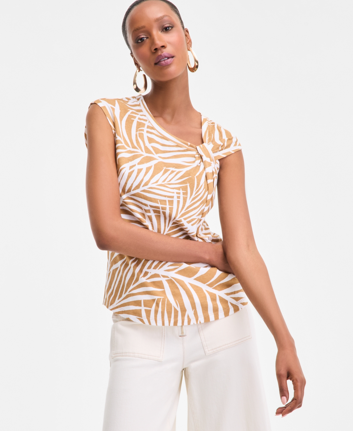 Women's Printed Cotton Twist-Neck Top, Exclusively at Macy's - Ivy Palm Toffee