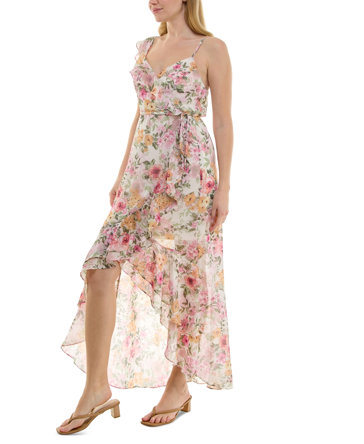 Bcx Juniors' Ruffle-trim High-low Wrap Dress In Multi