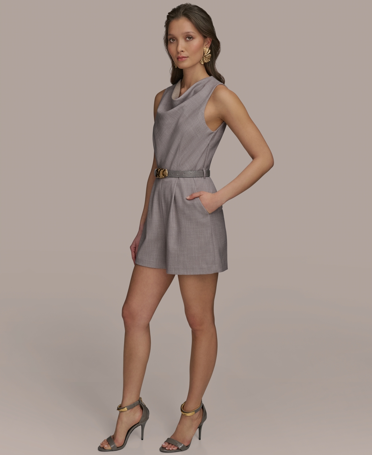Shop Donna Karan Petite Cowlneck Belted Romper In Clay Limestone