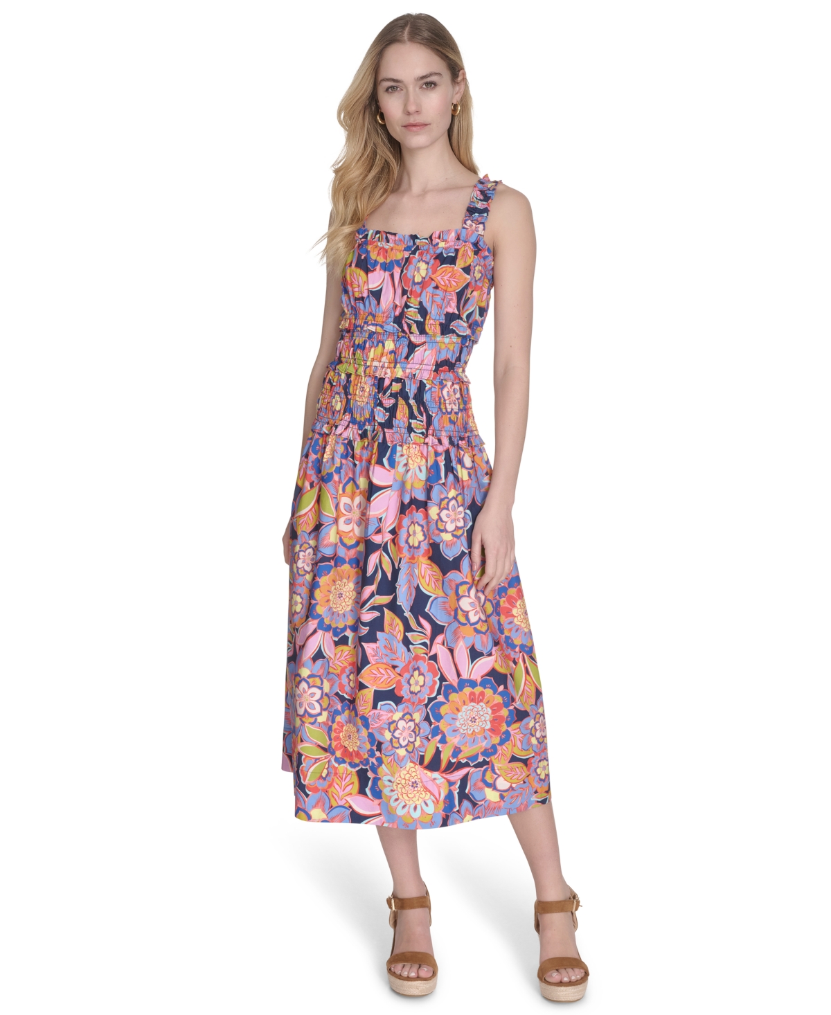 Eliza J Women's Petite Cotton Smocked-waist Floral-print Dress