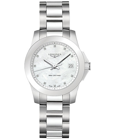 Longines Women's Swiss Conquest Diamond Accent Stainless Steel Bracelet Watch 34mm L33774876