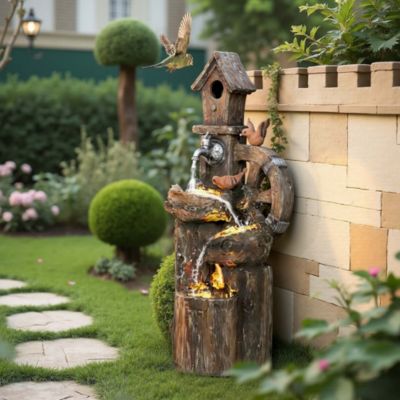 2-in-1 Outdoor Water Fountain with Birdhouse, Outdoor Waterfall