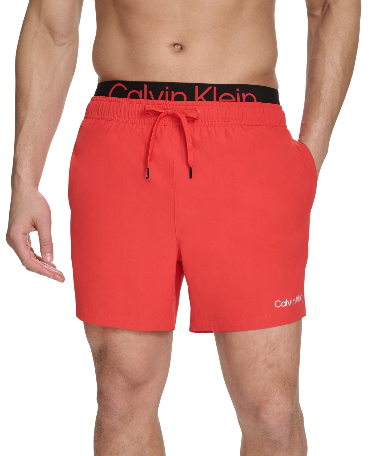 Calvin Klein Men's Logo Elastic Waist Modern Euro 5" Volley Swim Trunks In Red