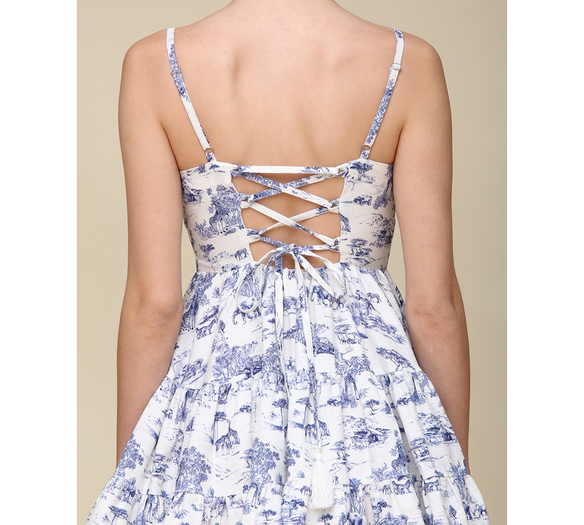 Avec Les Filles Women's Toile-print Linen-blend Tiered Fit & Flare Dress In Savanna Toile,dark Navy,cream