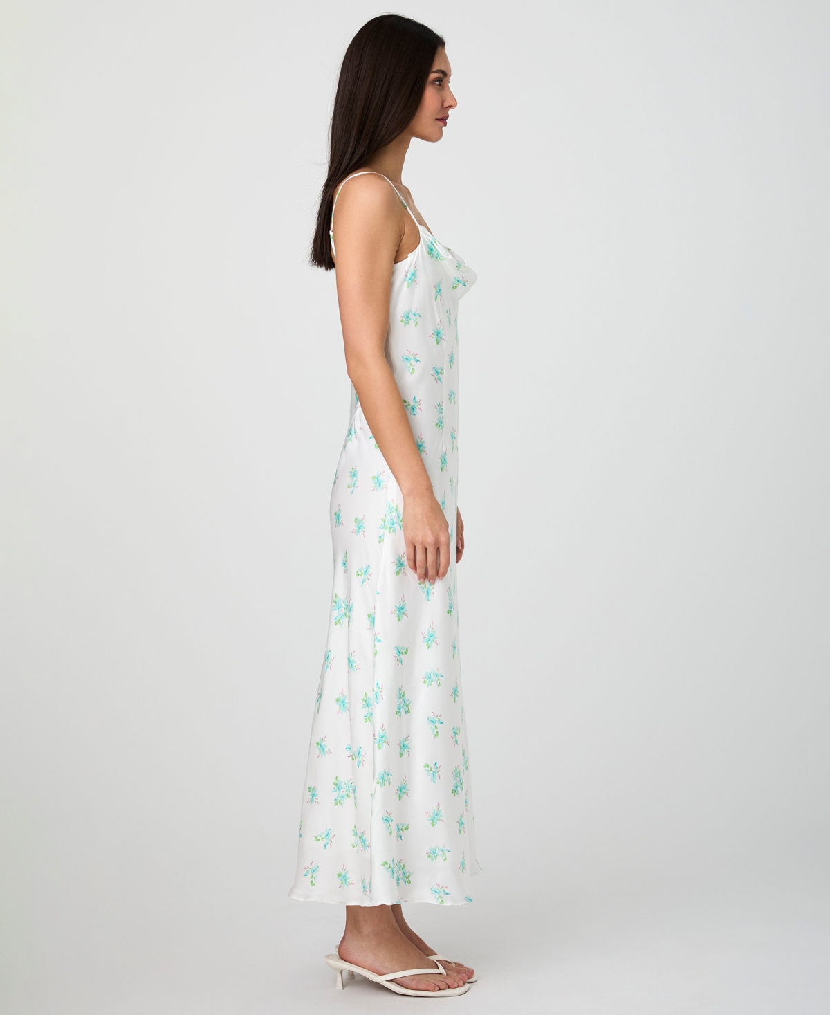 French Connection Anna Fleur Cowl Neck Satin Maxi Slipdress In Summer White,pastel Turquoise Multi Prin