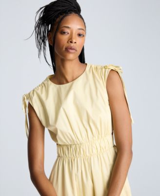 Women's Butter Yellow Ruched Tie-Shoulder Midi Dress