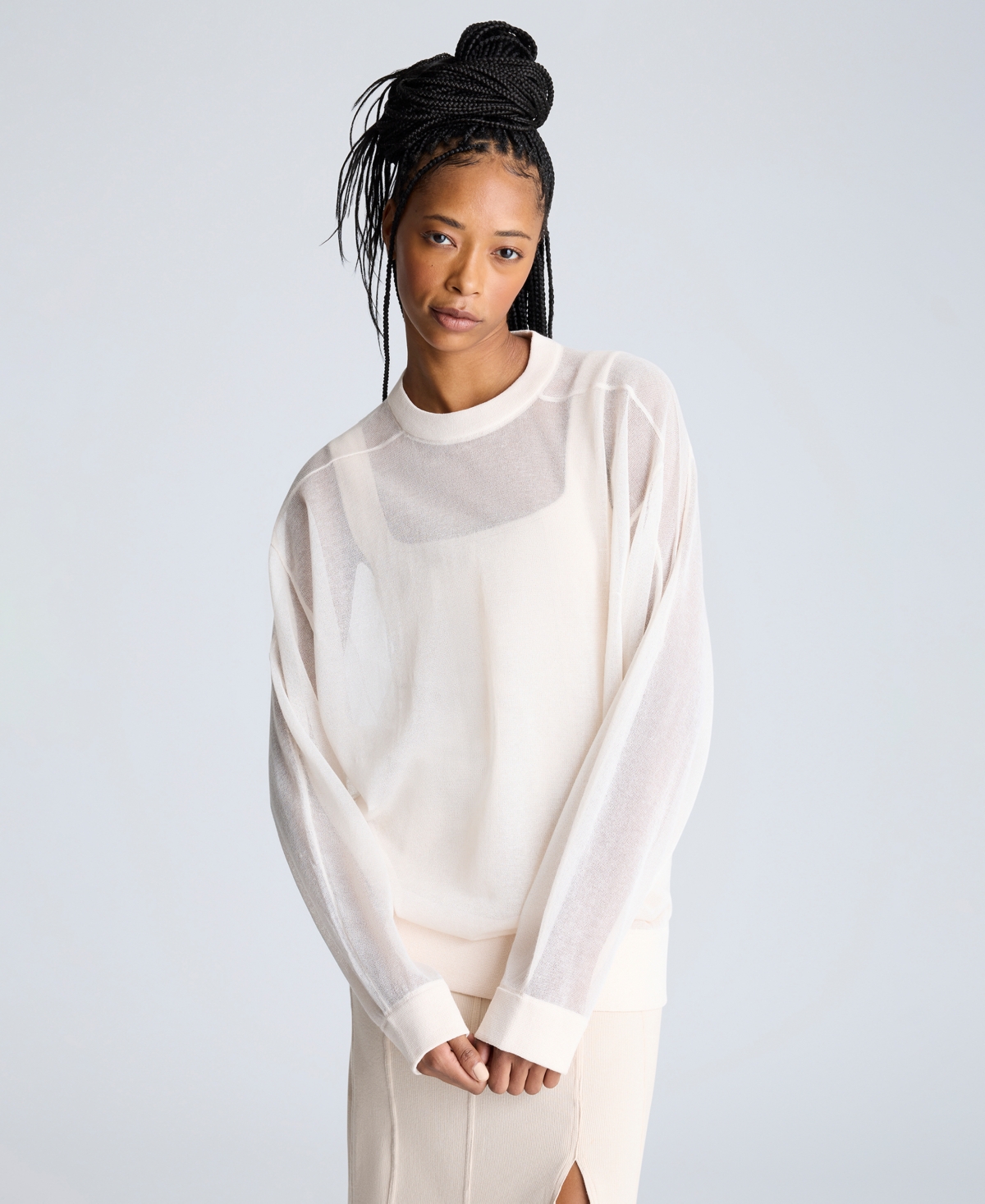 Kenneth Cole Sheer Oversized Crewneck Sweatshirt In Oyster