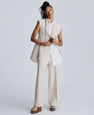 Womens Layered Vest With Detachable Front Shirt Pintucked Wide Leg Pants