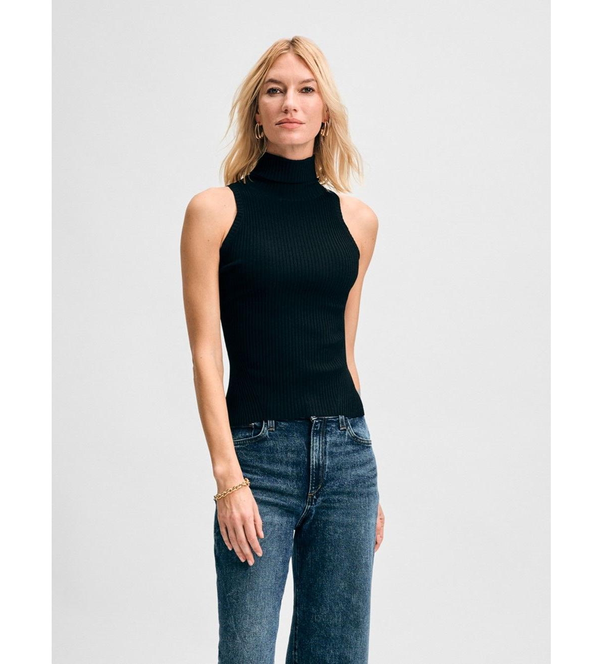 Women's Rib Turtleneck Shell Tank - Black