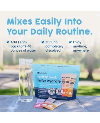 Native Hydrate Stick Packs with Electrolytes and Amino Acids, Variety Pack, Mixed Berry, Peach Mango, Tangerine, 30 Servings