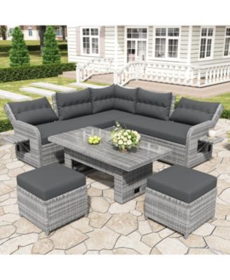 Streamdale Patio Rattan Set, Adjustable Table, Recliners, Ottomans - Grey