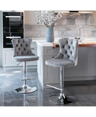 Set of 2 Adjustable Swivel Velvet Barstools with Tufted Back and Chrome Base for Kitchen Island, Home Bar & Pub