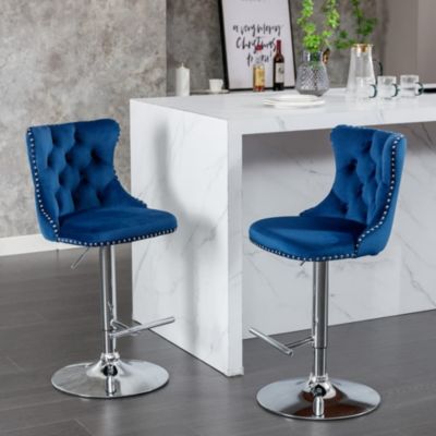 Set of 2 Adjustable Swivel Velvet Upholstered Bar Stools, Tufted, Chrome Base for Kitchen Island, Home Bar-The Pop Home