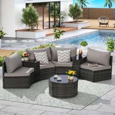 7-Pc Half-Moon Patio Set, Sectional Sofa & Glass Coffee Table