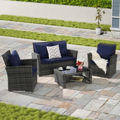 4-Piece Outdoor Patio Furniture Set, Rattan Chairs, Glass Table