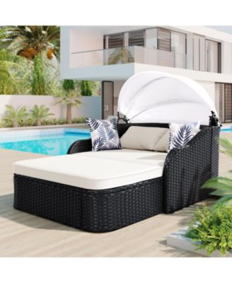 Streamdale 79.9" Outdoor Sunbed, Adjustable Canopy, Double Lounge, Black Wicker