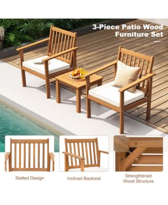 3 PCS Patio Wood Furniture Set Acacia Wood Chairs & Coffee Table with soft Cushions