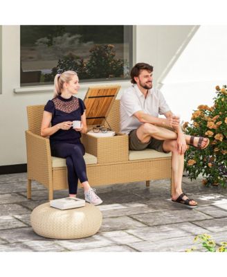 Rat Patio Loveseat Wicker Sofa with Built-in Table