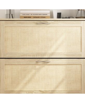 Wooden 3-door yellow shoe cabinet, multifunctional shoe rack with adjustable shelves, rattan drawers