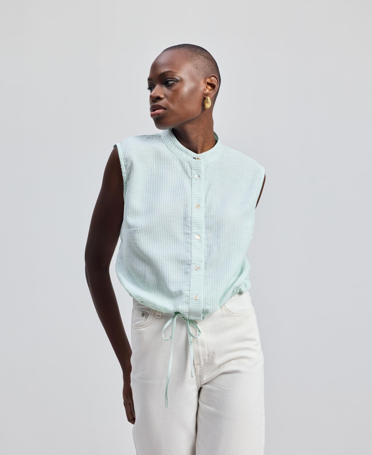 Women's Button-down Shirt with Waist Drawstring in Stripes - Parallel paths