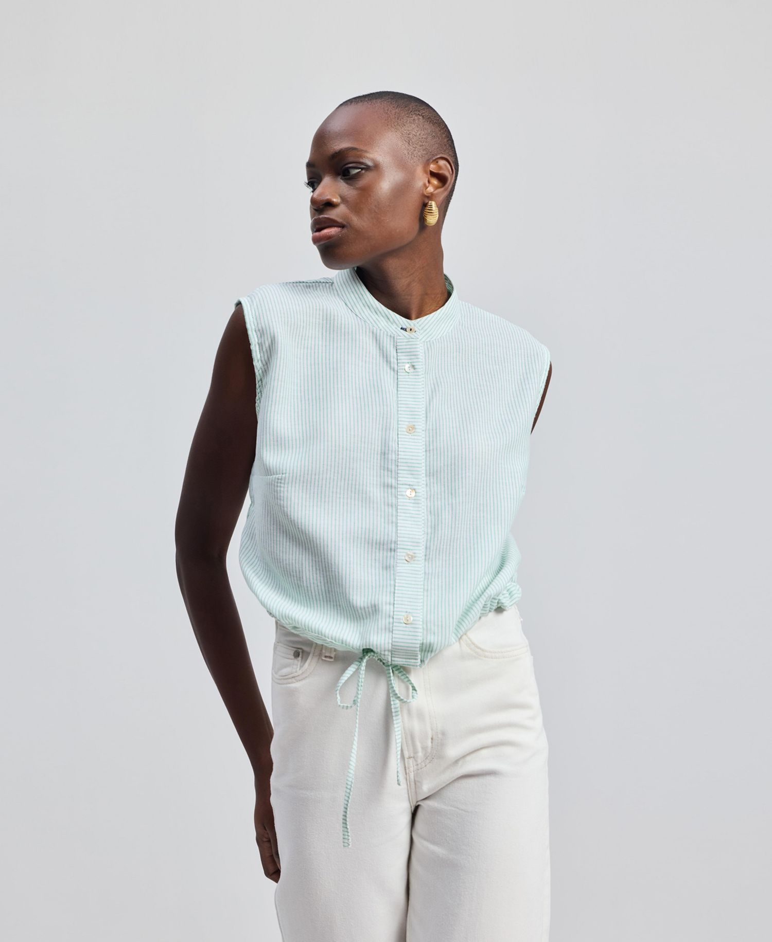 Women's Button-down Shirt with Waist Drawstring in Stripes