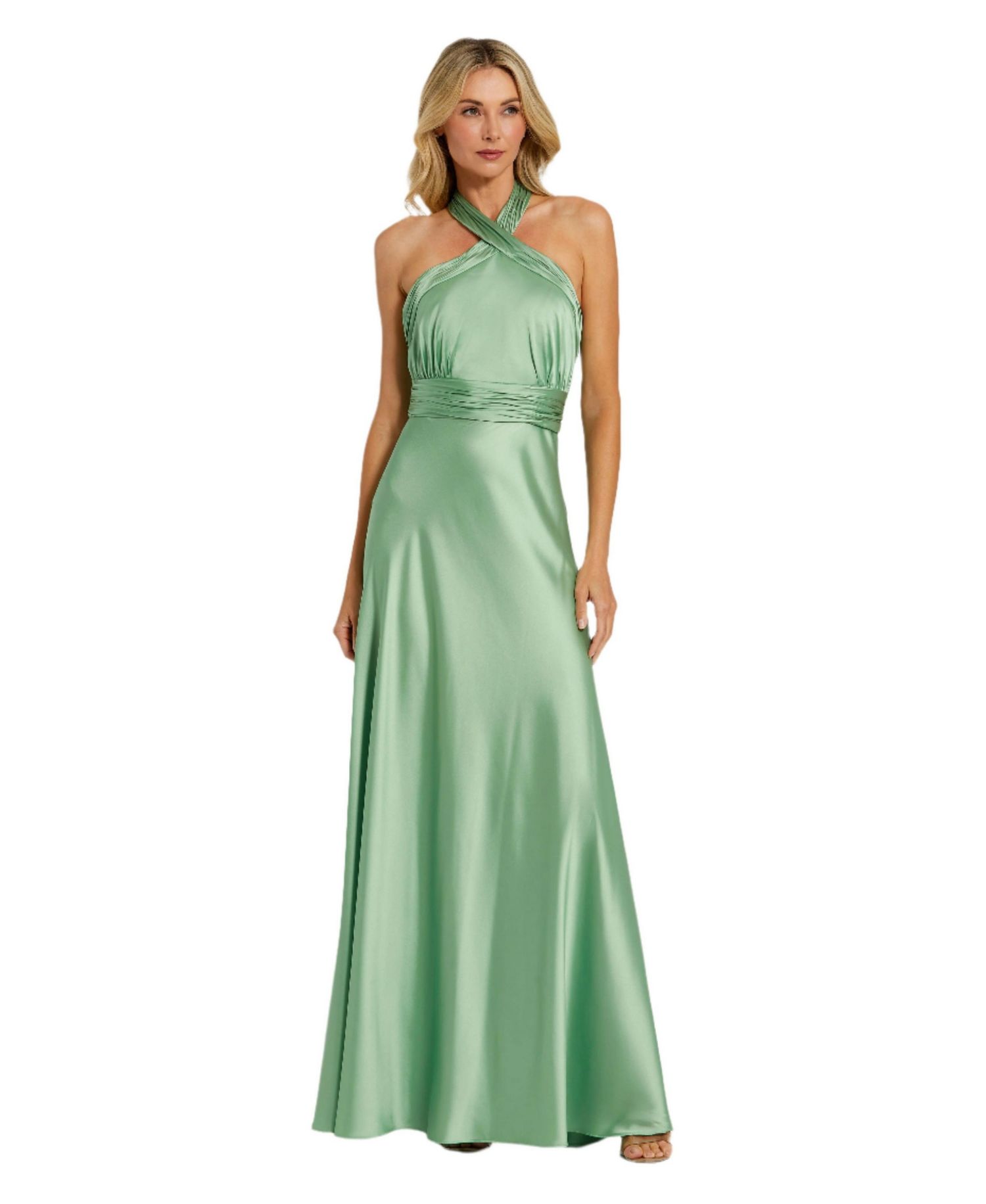 Women's Ruched Halter Neck Tie Back Satin Gown
