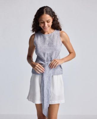 Women's Front-tie Top in Linen Stripes