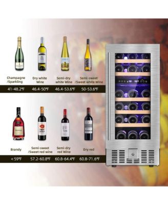 15" Wine Cooler Under Counter Beverage Refrigerator Beer Mini Fridge 28 Bottles Dual Zone Built-in Freestanding Stainless Steel Double-Layer Tempered Glass Door