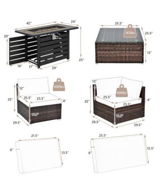 7PCS Patio Rattan Furniture Set 42'' Fire Pit Table w/ Cover Cushioned