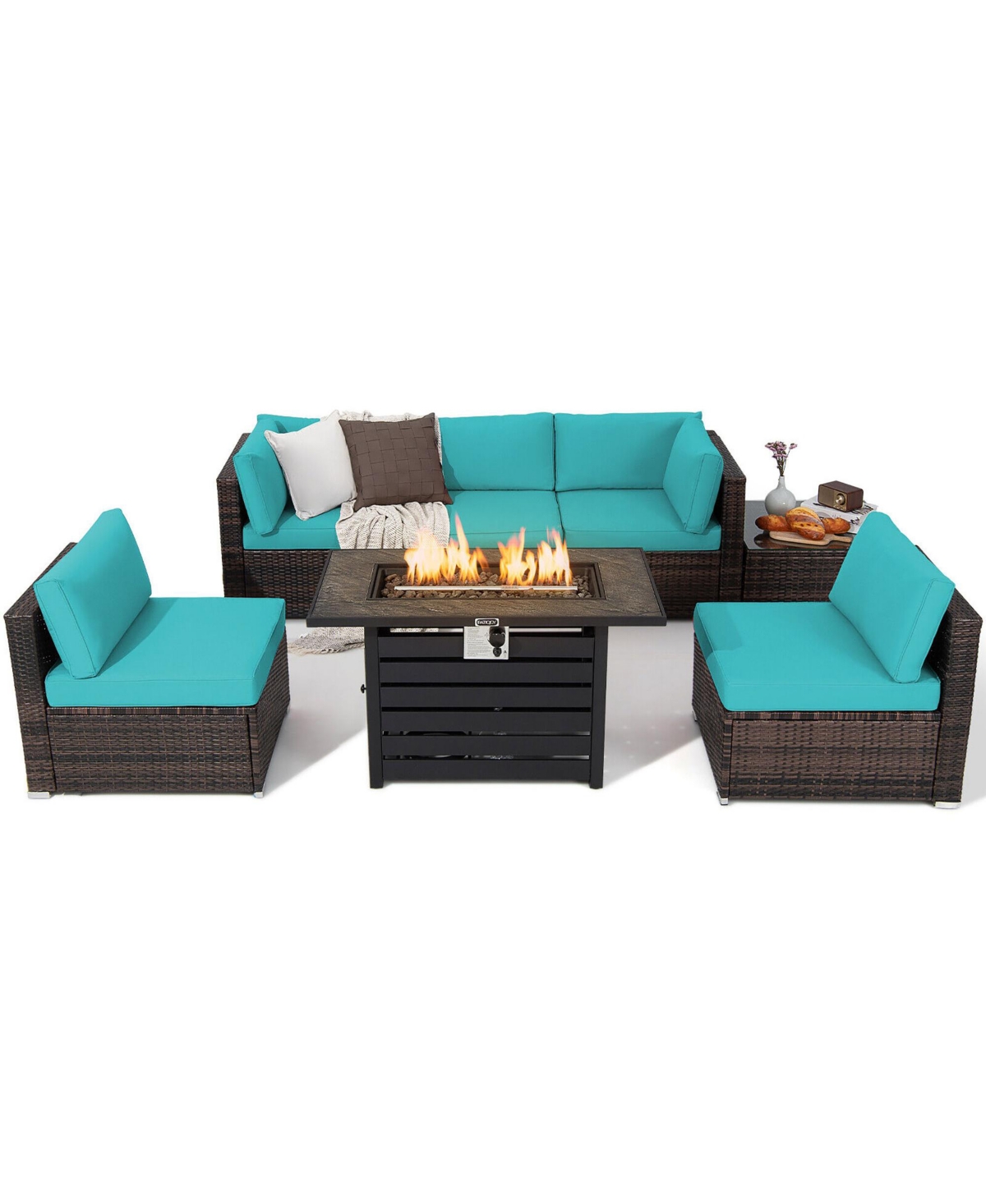 Gymax 7PCS Patio Rattan Furniture Set 42'' Fire Pit Table w/ Cover Cushioned - Turquoise/aqua