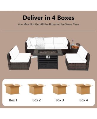 7PCS Patio Rattan Furniture Set 42'' Fire Pit Table w/ Cover Cushioned