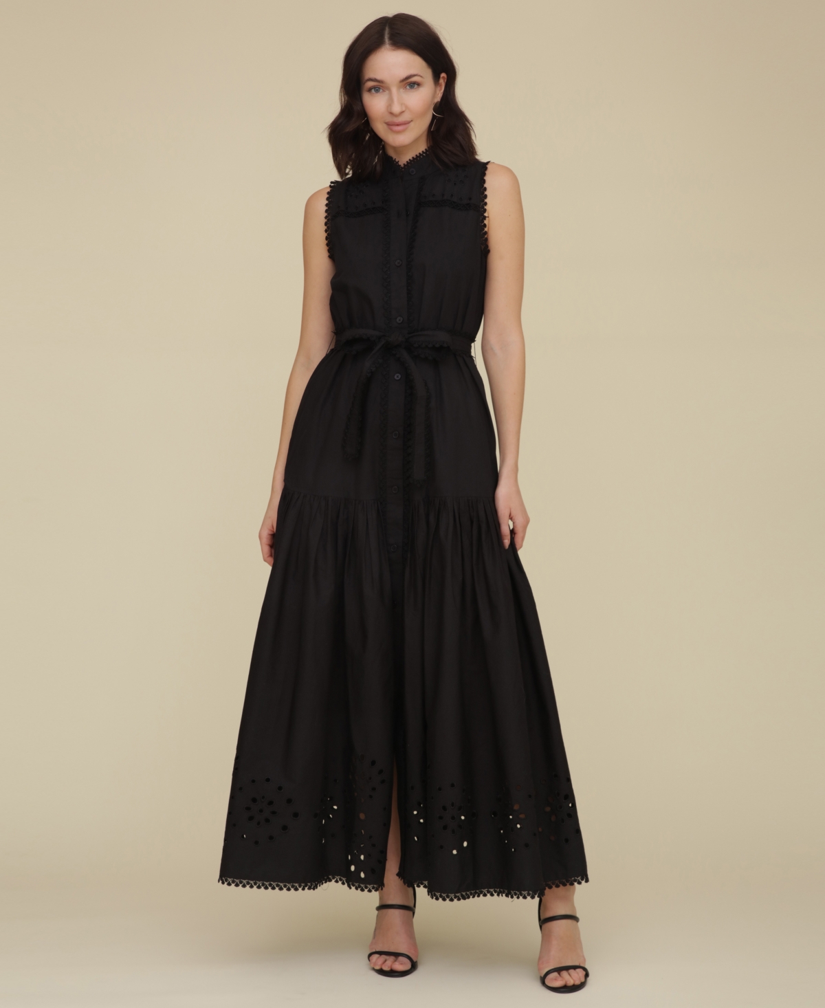 Avec Les Filles Women's Cotton Eyelet Sleeveless Maxi Dress In Black