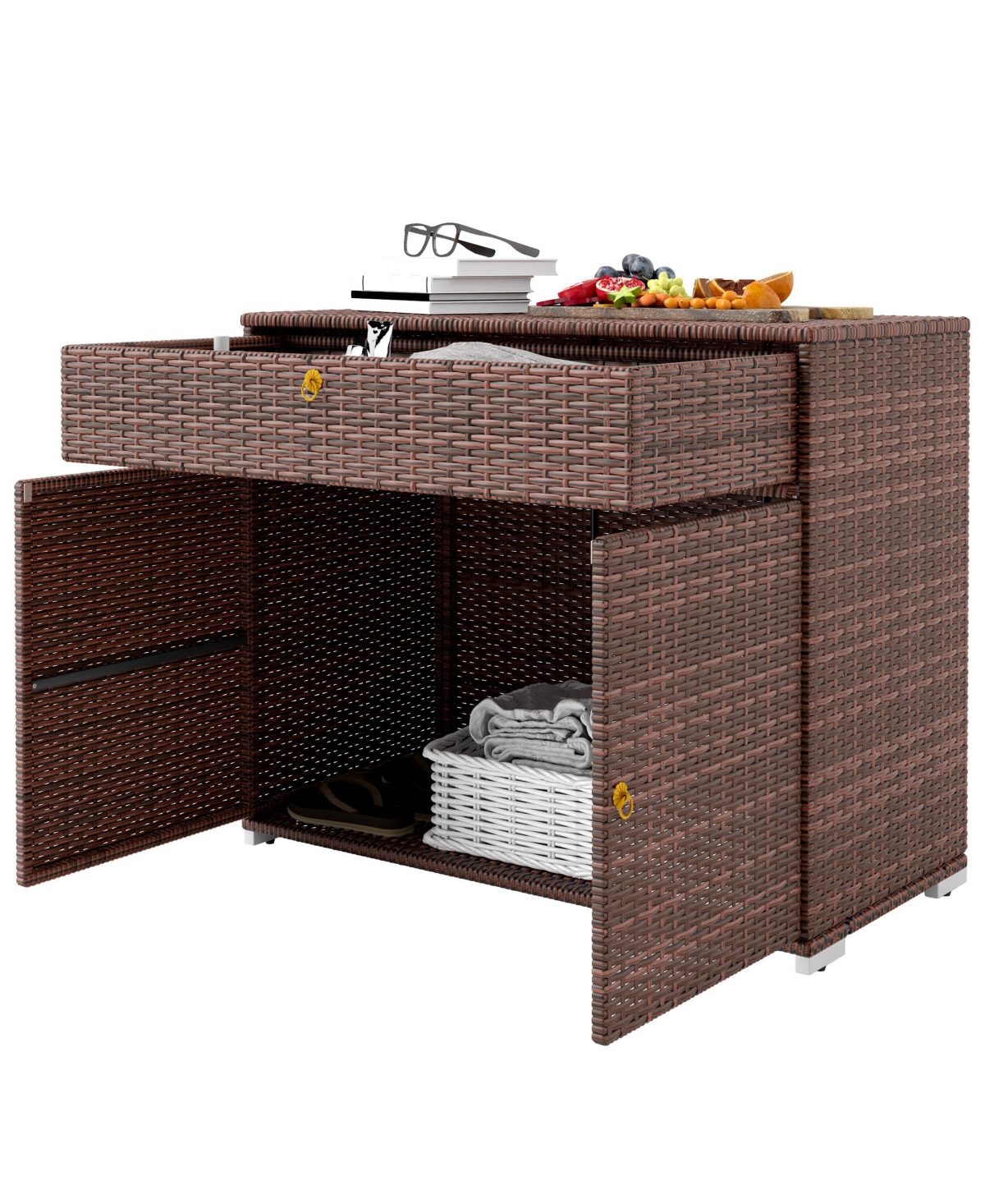 Outdoor Towel Rack for Pool w/ Drawer & Cabinet - Brown