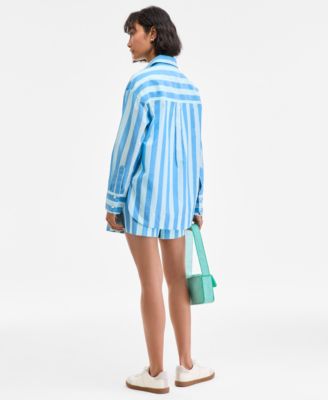 Shop On 34th Womens Cotton Striped Shirt Pull On Shorts Beaded Shoulder Bag Puffy Teardrop Stud Earrings Exclusiv